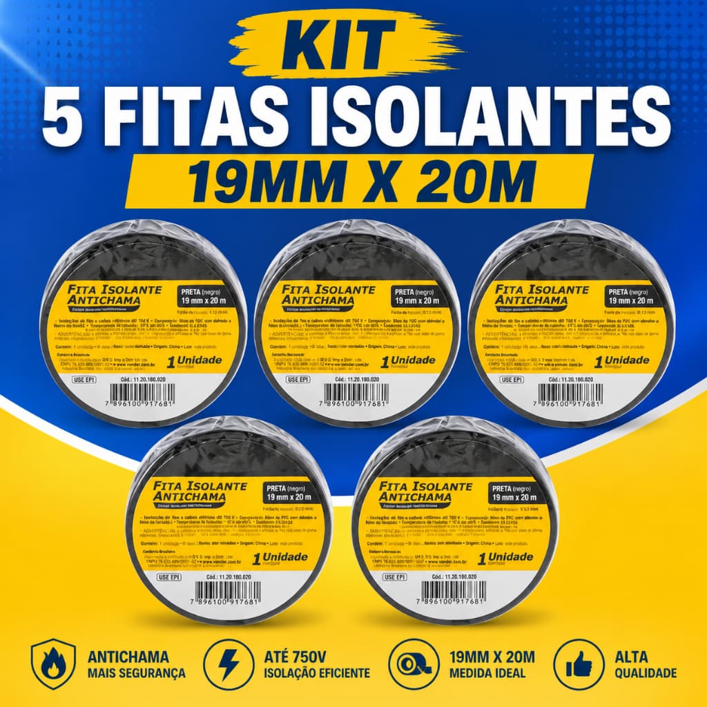 kit 5 Fitas Isolante 19mm x 20 Metros Preta Vonder