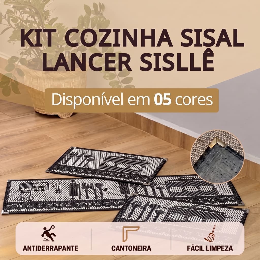 Kit Cozinha Completo Pia 3 Peças Antiderrapante Tapete Sisal Lancer com Cantoneira Aço Várias Cores
