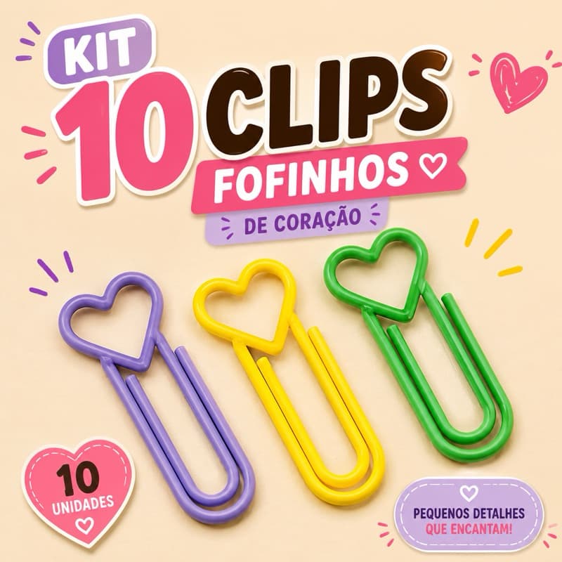Kit com 10 Clips de Coração | Marcador de Página para Planner, Agenda e Cadernos