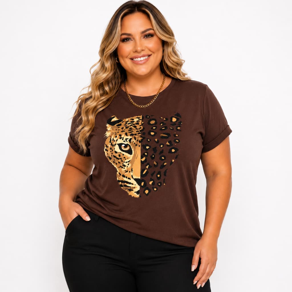 Blusa Feminina Plus Size Camiseta T shirt  Estampada Marrom Onça inverno  G1 G2 G3