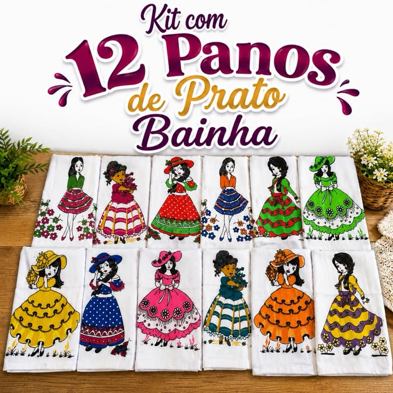 Kit com 12 Panos de Prato Bainha Estampado 0,45cm x 0,75cm 100% Algodão