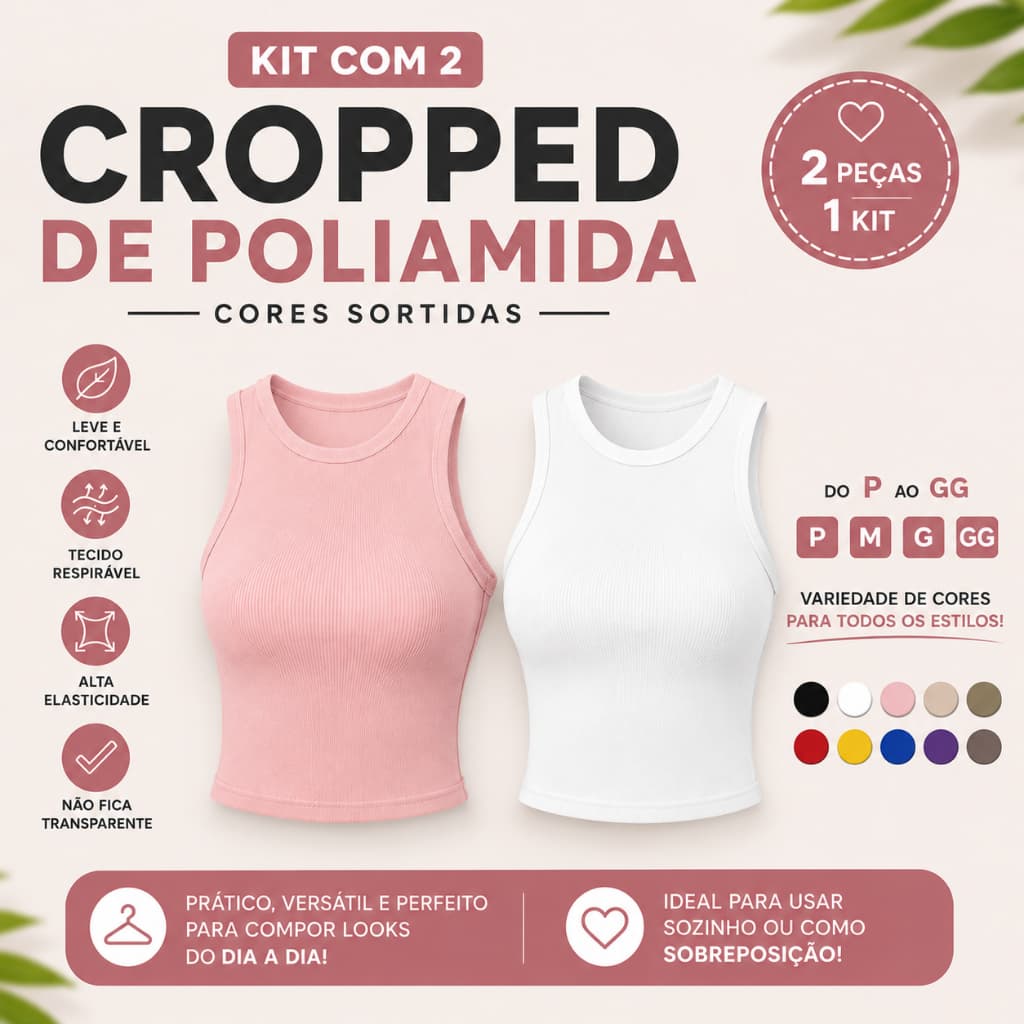 Kit 2 Cropped Poliamida Canelada Casual Dia a Dia