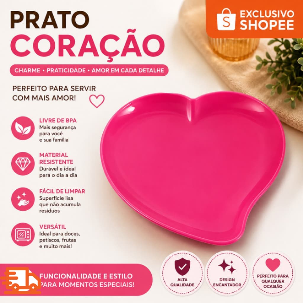Bandeja Prato Coração de plástico Prato Decorativo 27x26cm Mesa Posta Servir Petisqueira