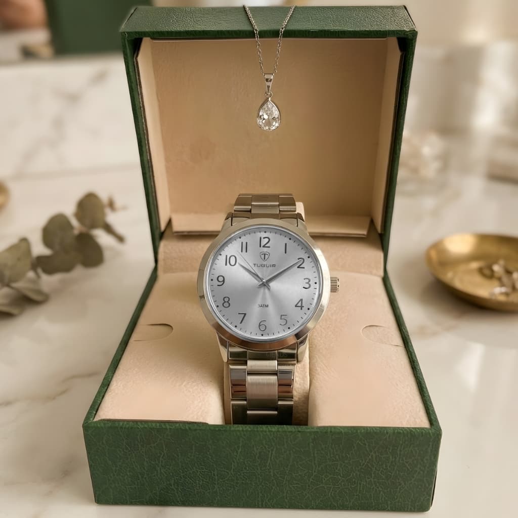 Kit Relógio Tuguir Feminino Com Colar De Pedra Brilhante Prateado Elegante Médio A Prova Dágua Em 50 Metros Original