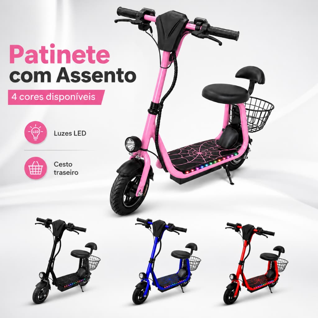 Patinete Elétrico Infantil Suporta ate 80kg 250W Mini Scooter Cesto Bluetooth LED Colorido Freio Farol Cesto