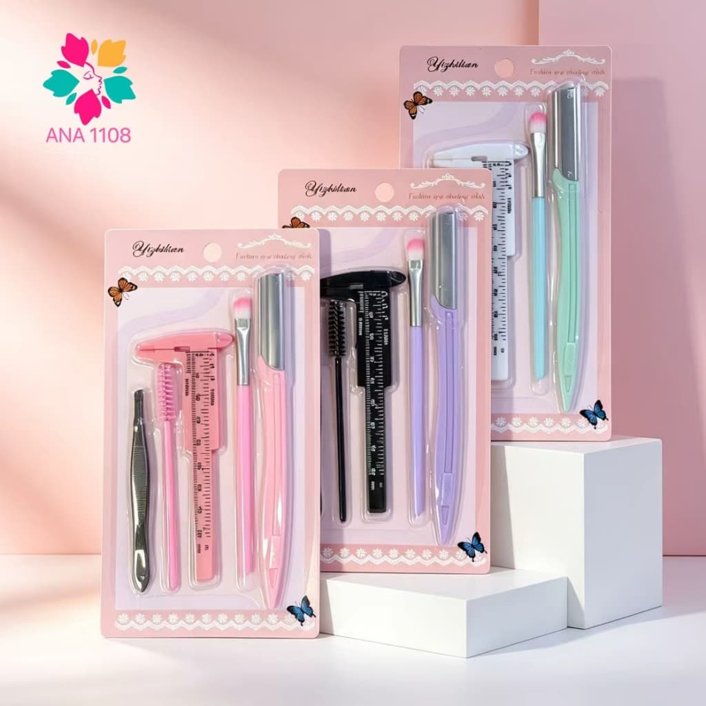 ANA1108 Kit Design de Sobrancelhas 5 Peças – Régua, Pinça, Escova, Navalha e Pincel Cor aleatorio