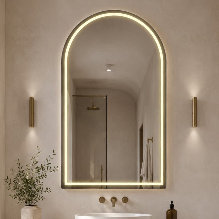 Espelho com Led 3 Cores Jateado Oval Base Reta 100x80 Arco Janela com Touch Salão Maquiagem Banheiro