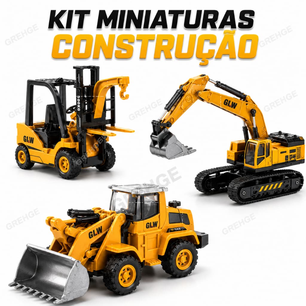 Kit Caminhão Construção Miniatura Brinquedo Infantil Metal Escavadeira Empilhadeira Guindaste Carregadeira
