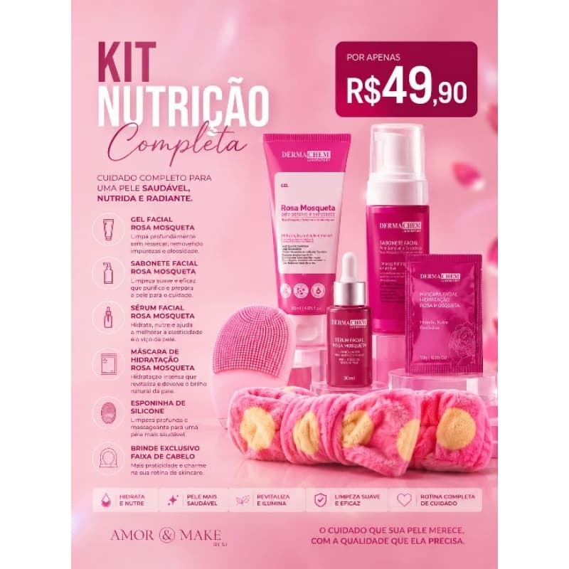 Kit Skincare Rosa Mosqueta Completo | Gel Facial + Sabonete + Sérum + Máscara + Escova + Faixa de Cabelo