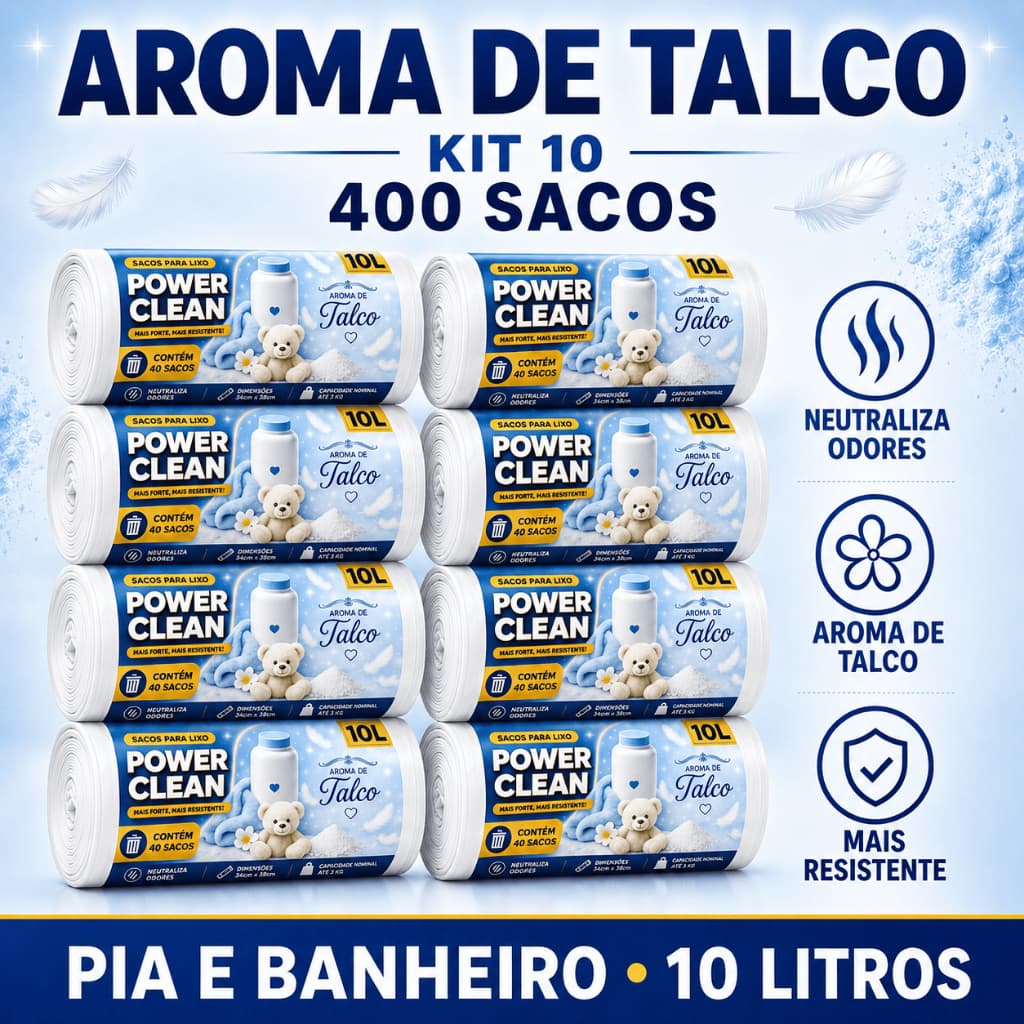 KIT 10 Sacos de Lixo Perfumados 10L Aroma Talco 400 Sacos Pia Banheiro Resistente Antiodor Lixeiras