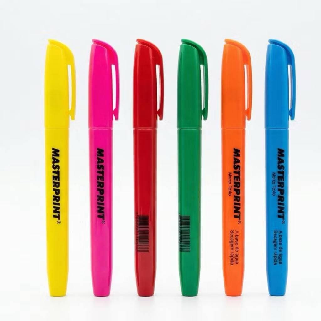 Kit Caneta Marca Texto Masterprint 6 Cores Vibrantes Neon Ponta Chanfrada Secagem Rápida Material Escolar Escritório