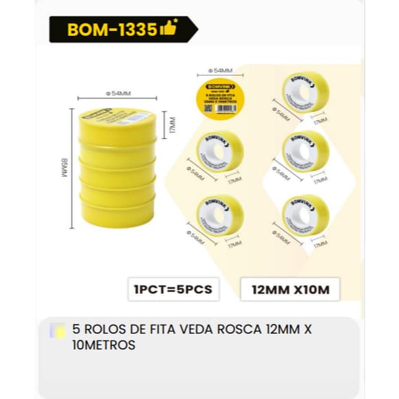 Kit 5 Rolos Fita Veda Rosca Profissional 12mm x 10m BOM-1335