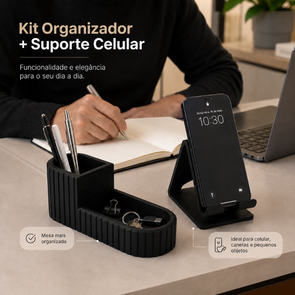 Kit Organizador de Mesa 2 em 1 Porta Canetas Bandeja + Suporte para Celular Escritório Minimalista