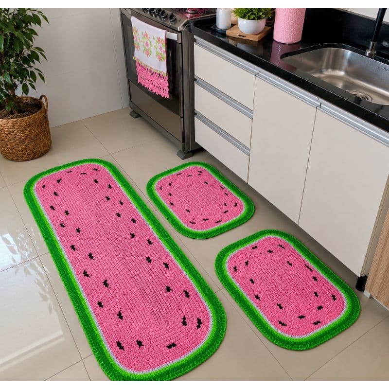 Tapete Cozinha 3 Peças Melancia Rosa Frufru Antiderrapante Artesanal