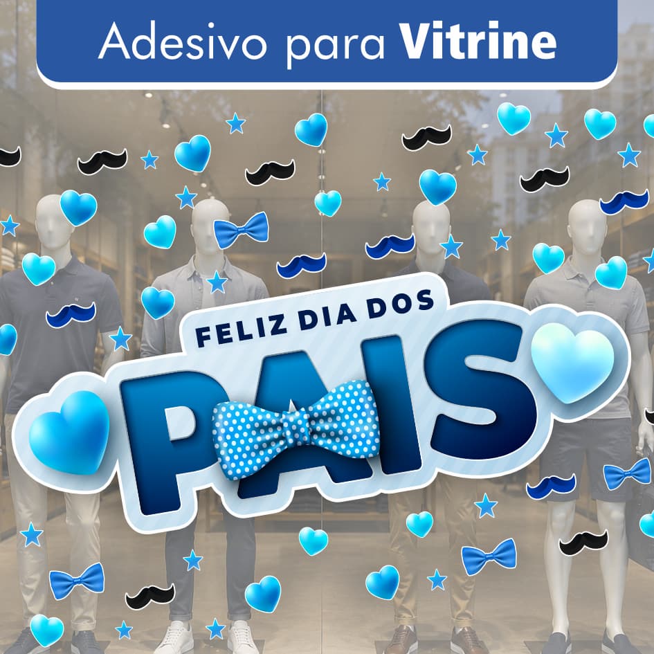 Adesivo Vitrine Feliz Dia dos Pais Frase + Corações Bigode Decorativos Loja Promoção Decoração Vinil Mod-4