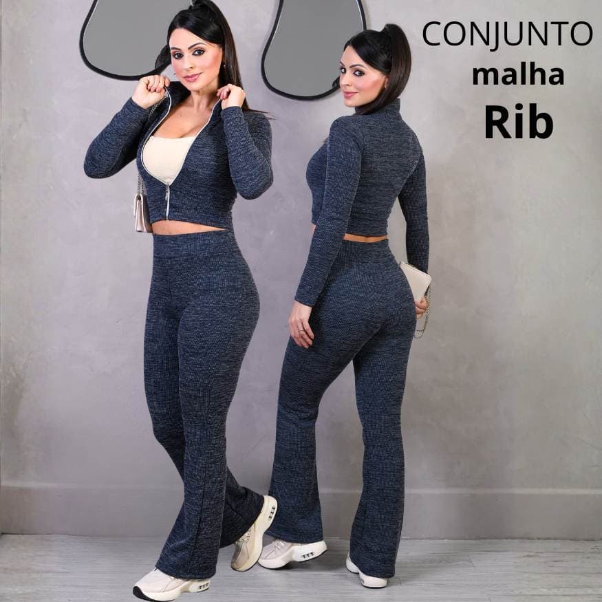 Conjunto Feminino Malha Rib Canelado Jaqueta Cropped Calça Flare Moda Inverno