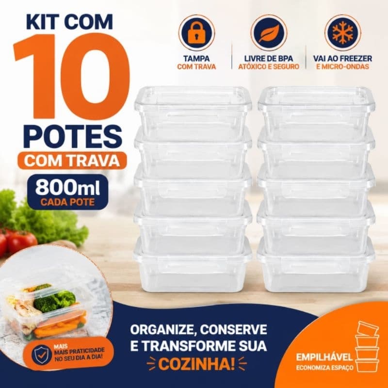 Kit 10 Potes com Trava Hermética Tampa para Mantimentos Organizador Cozinha BPA Free