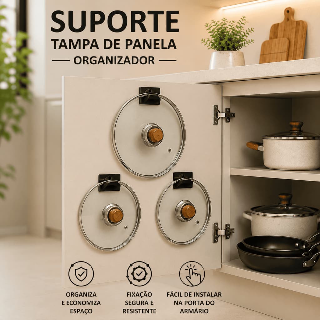 Kit Suporte Organizador Para Tampas De Panela fita 3M 6 unidades