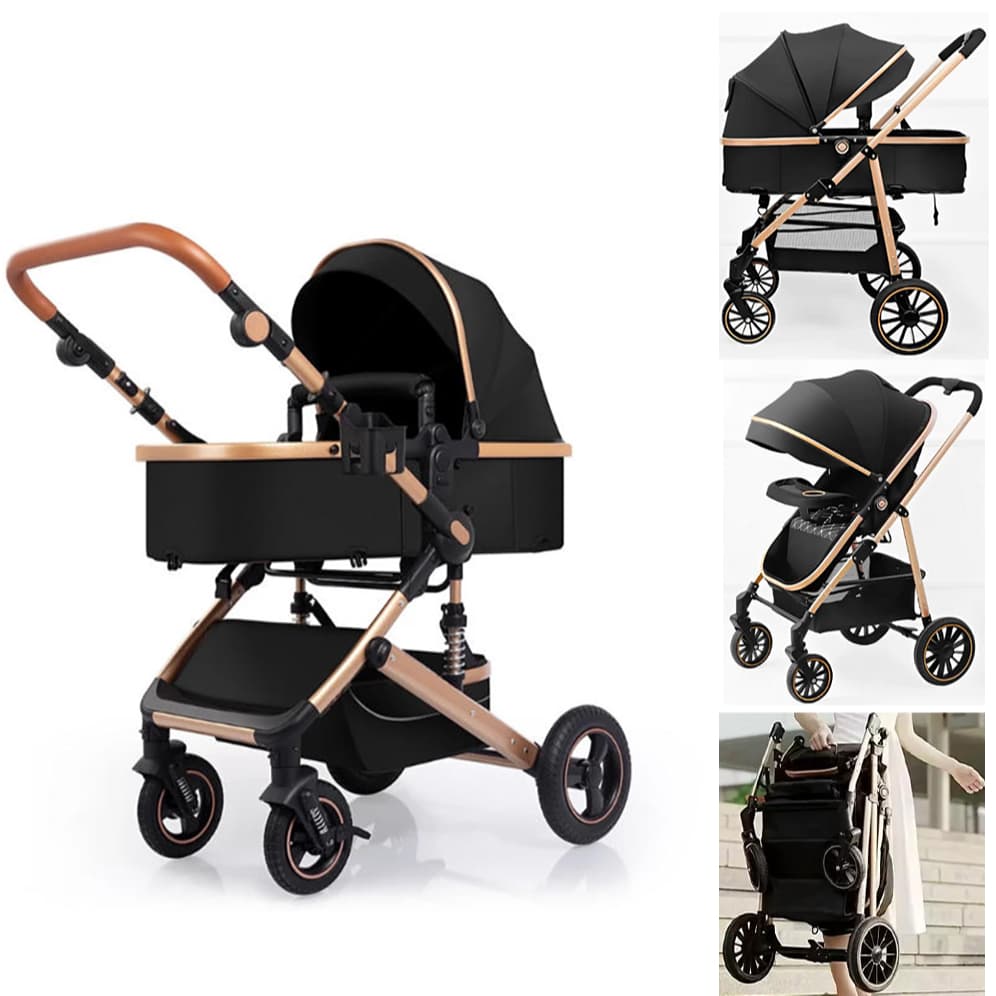 Carrinho De Bebê Europeu Luxo 3 em 1 com Amortecedor + Moisés Berço + Bebê Conforto Reclinável Roda -P7