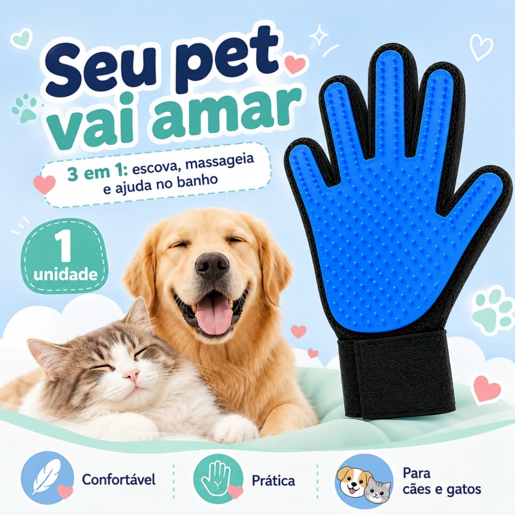 Luva Pet Premium de Massagem Escova Anti Pelos para Cães e Gatos Banho e Cuidados Diários