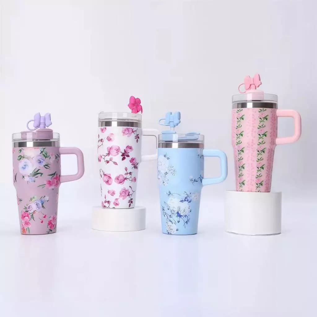 Garrafa Térmica 600ml em Aço Inoxidável com Canudo, Alça e Desenho de Flores, Ideal para Escola, Trabalho e Passeios