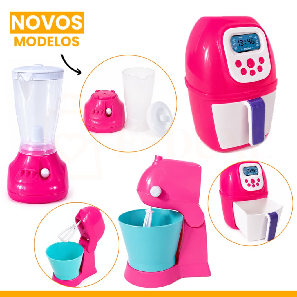 Brinquedo Menina 4 Peças de Cozinha Eletrodomésticos Faz de Conta Rosa Batedeira Liquidificador AirFryer KIT 17