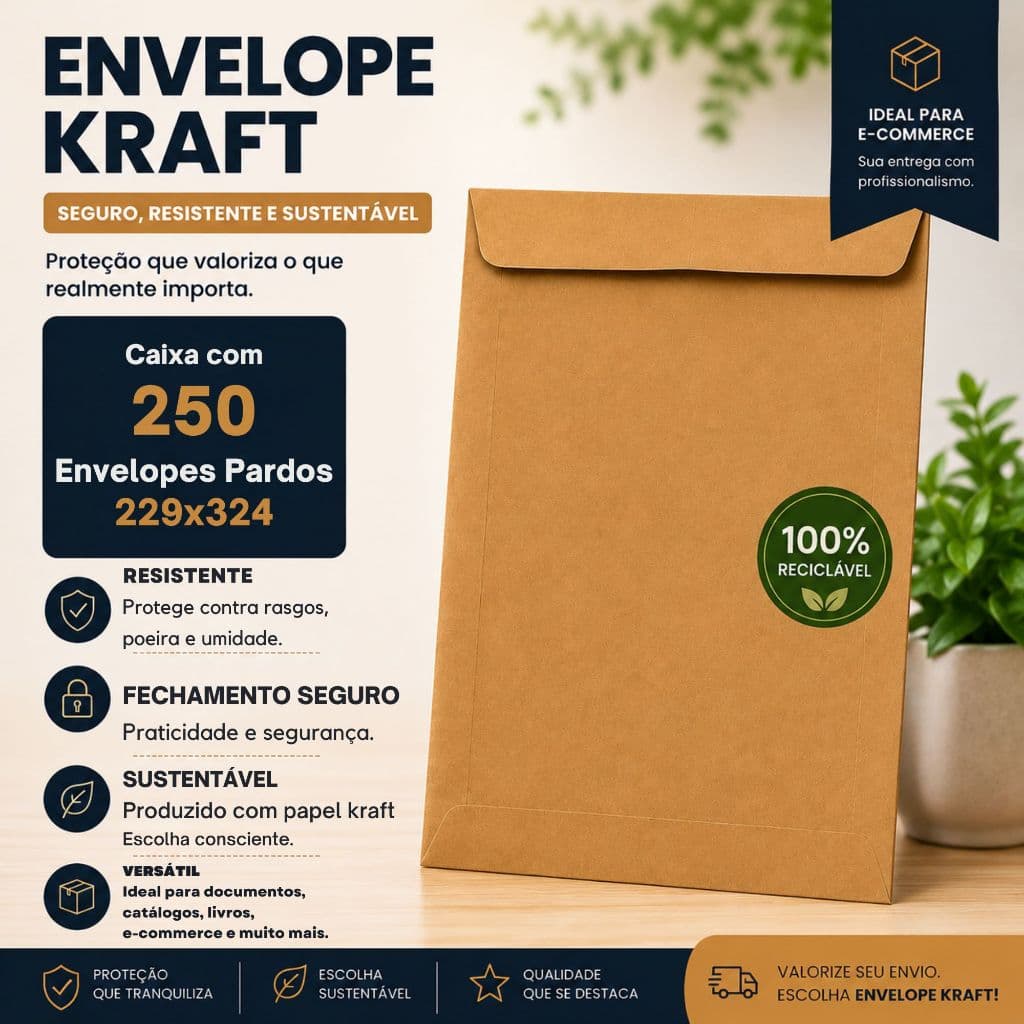 Caixa com 250 Unidades Envelopes Pardos Papel Kraft 229x324 Para Documentos Correspondências Envios