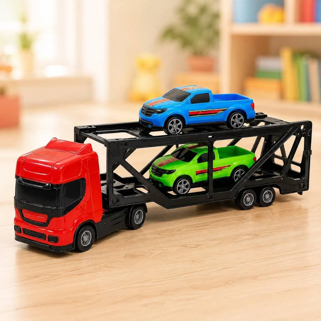 Kit Caminhão Cegonheiro Brinquedo Infantil Com 2 Carrinhos e Rampa Articulada