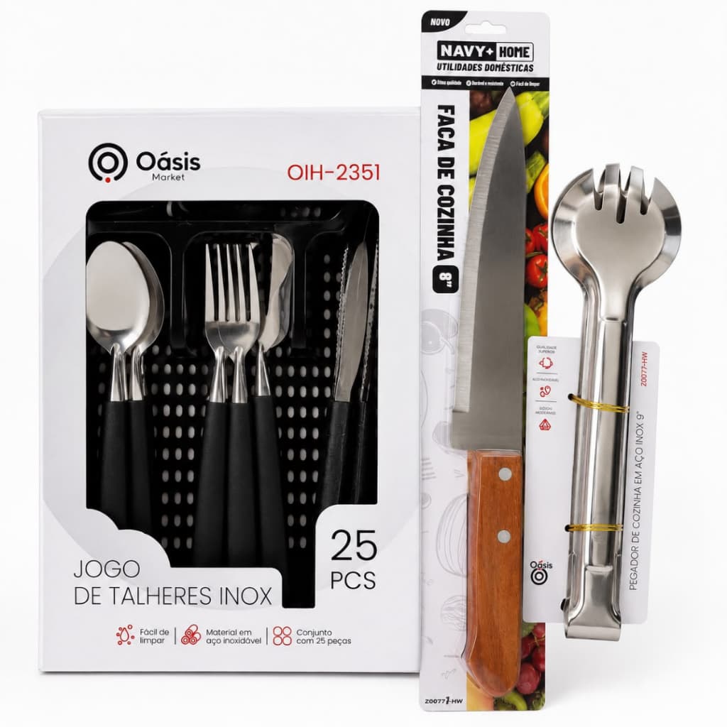 Kit Cozinha Completo Jogo Talheres 25 Peças Inox + Faca 8 Polegadas + Pegador Inox Premium Cabo Preto Resistente Mesa