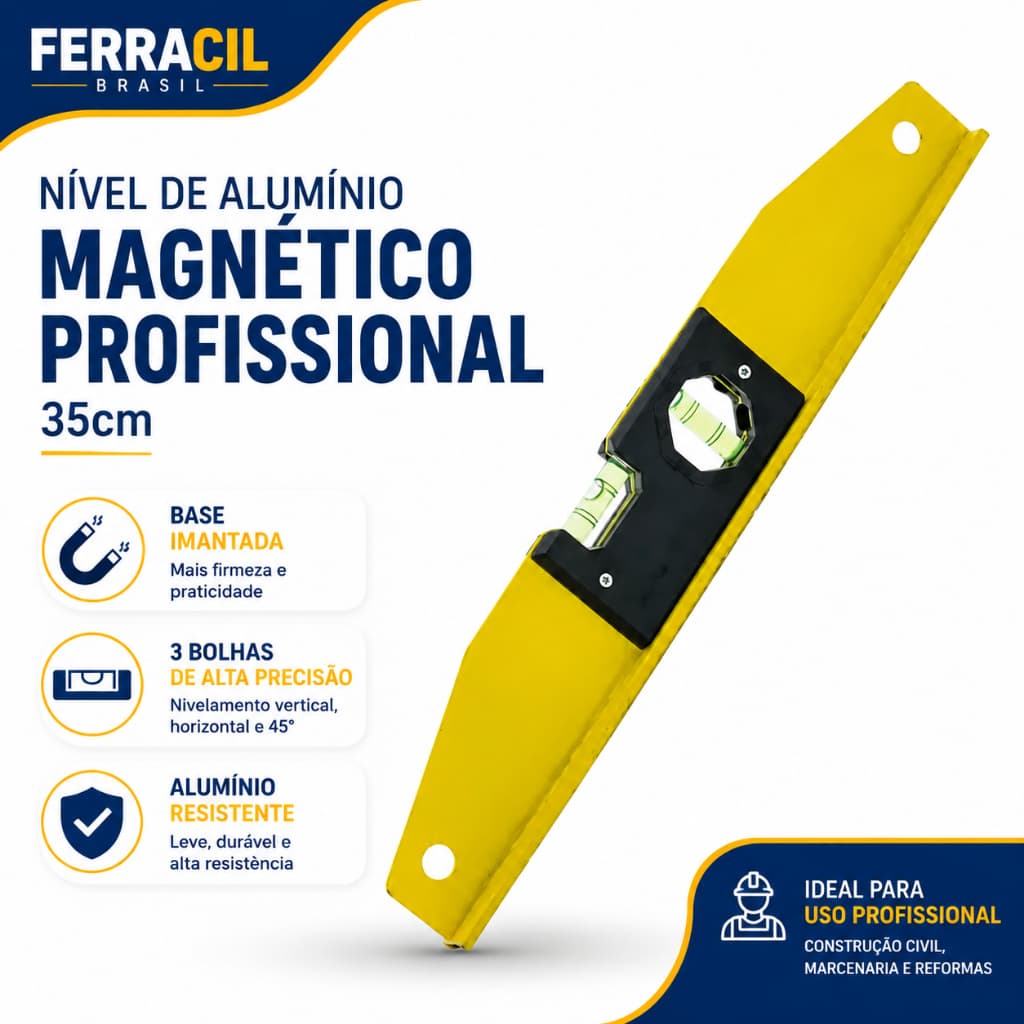 Nível de Alumínio Magnético 35cm Imantado com 3 Bolhas Profissional Paramax