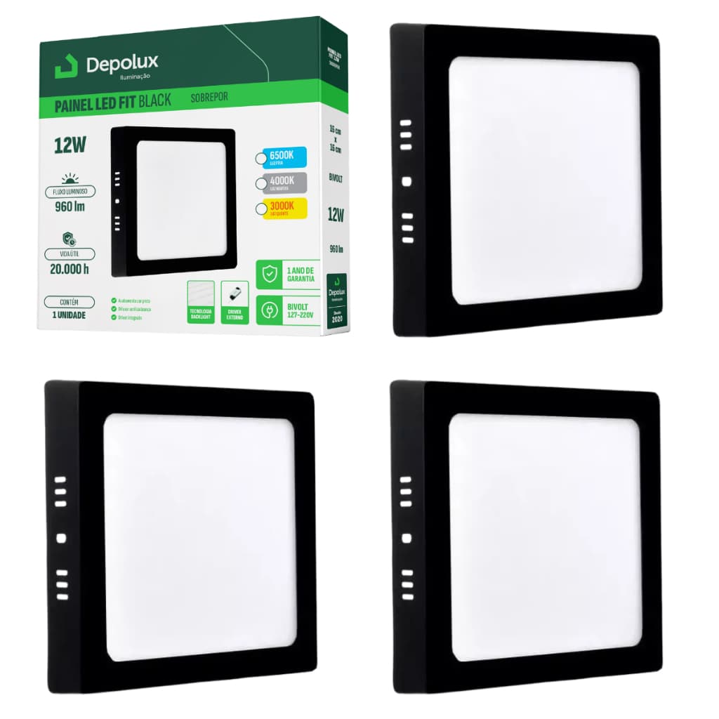 Kit 4 Painel Led Plafon 12w Quadrado Sobrepor Teto 16x16cm Bivolt Preto
