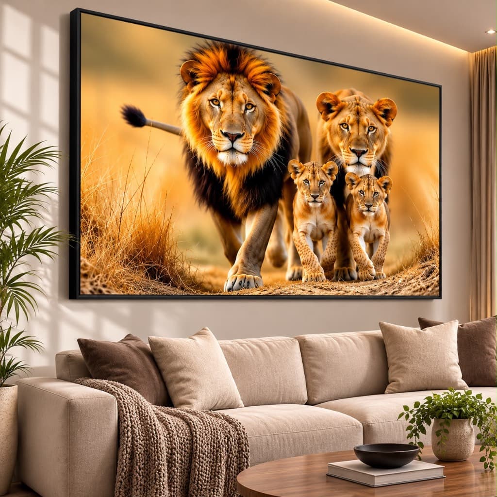 Quadro Decorativo Grande 110x80 Familia De Leões Filhotes Luxo Hd Para Sala Quarto