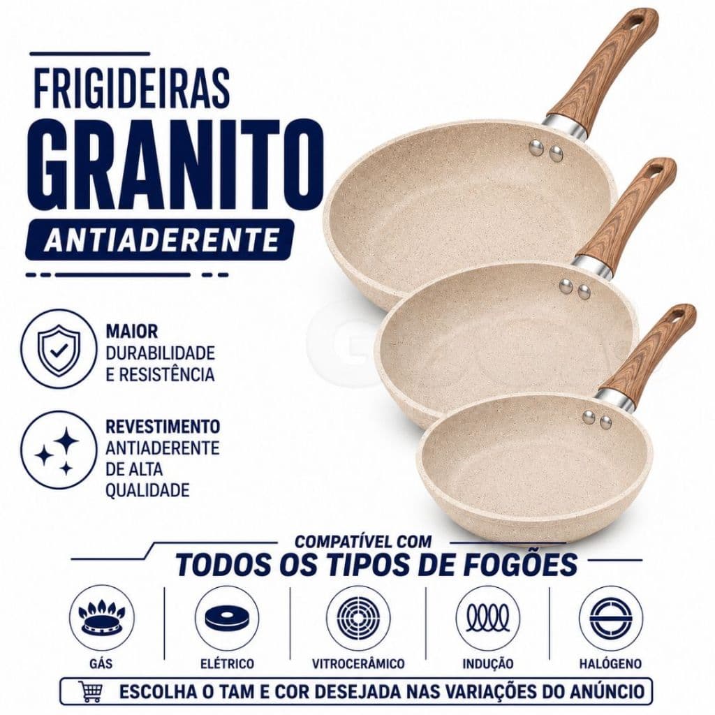 Kit Frigideira Antiaderente Revestimento Nanocerâmico Granito Vermelho Azul Fogão Indução 16/20/26 cm