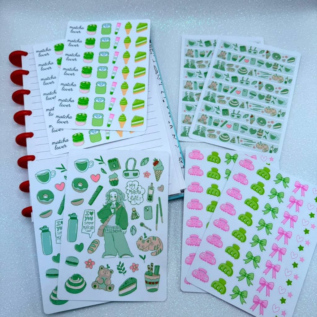 Kit 8 Cartelas de Adesivos Para Planner/Bullet Journal Matcha Lover Kawaii Laços