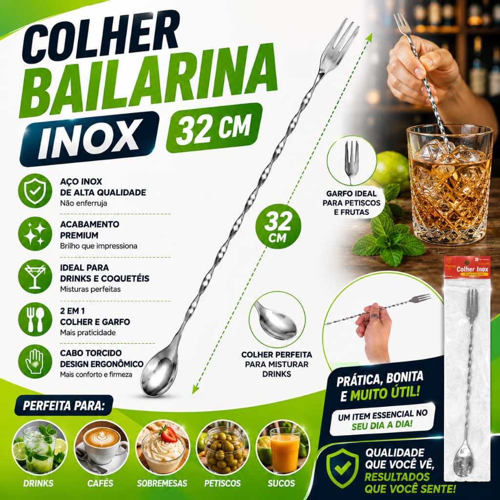 Colher Misturadora de Bebidas Bailarina Inox 32cm Bar, Drinks e Caipirinha - Profissional