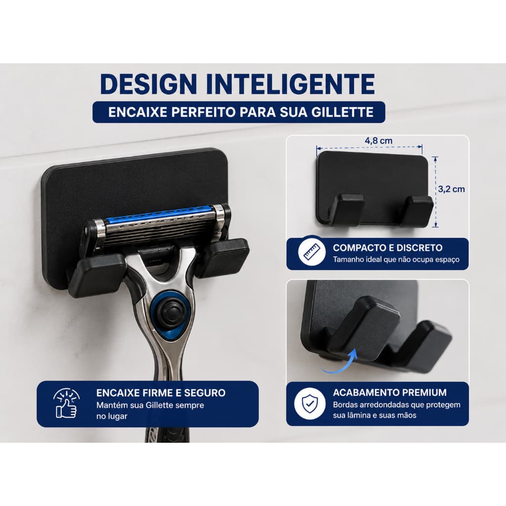Kit 4 Suportes para Aparelho de Barbear Gillette com Fita Adesiva Organizador Banheiro Preto Branco Suporte Sem Furar