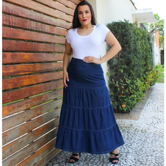 Saia jeans longa Moda Evangelica 3 Maria Cintura Alta elegante