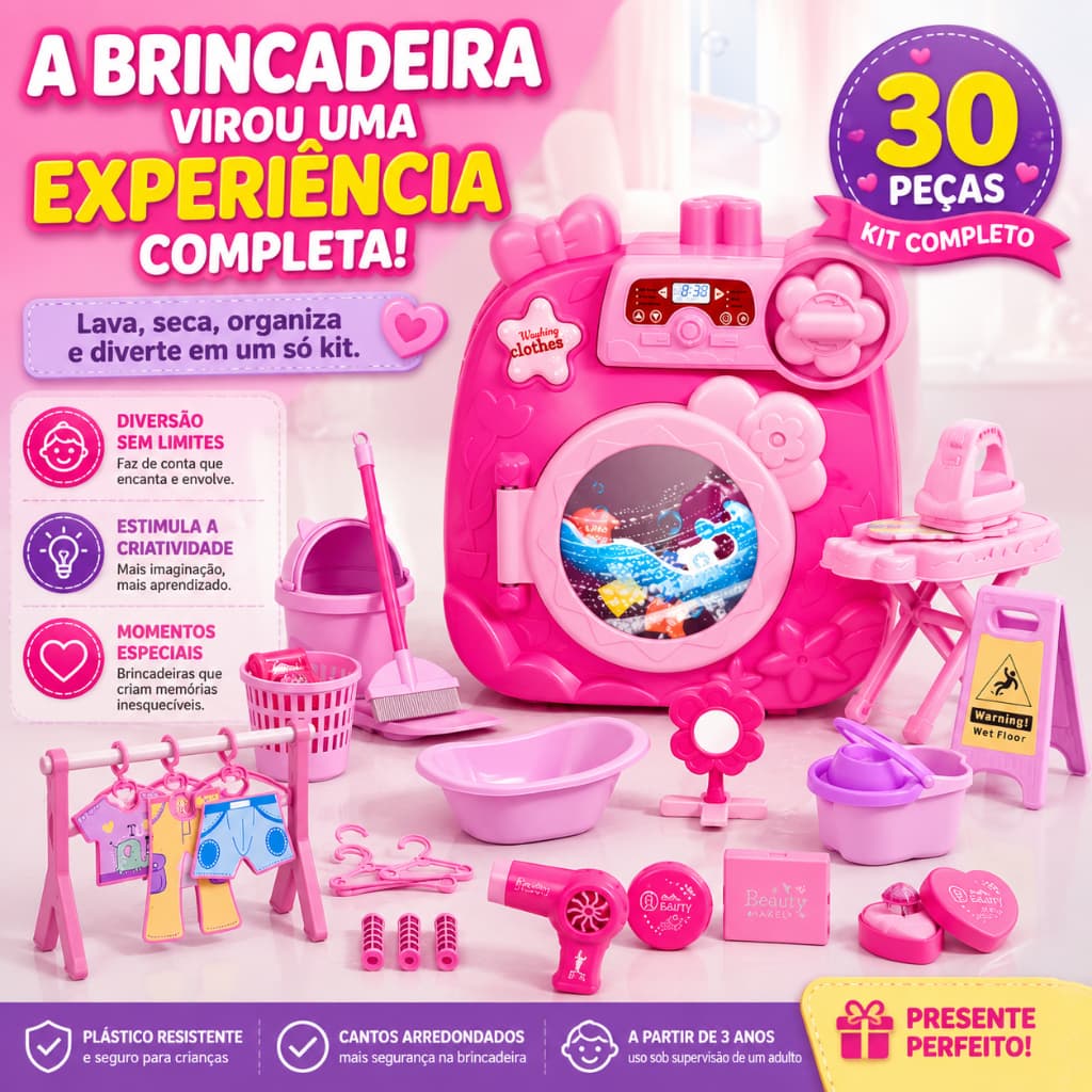 Máquina de Lavar Infantil Rosa 30 Peças com Acessórios Brinquedo Faz de Conta