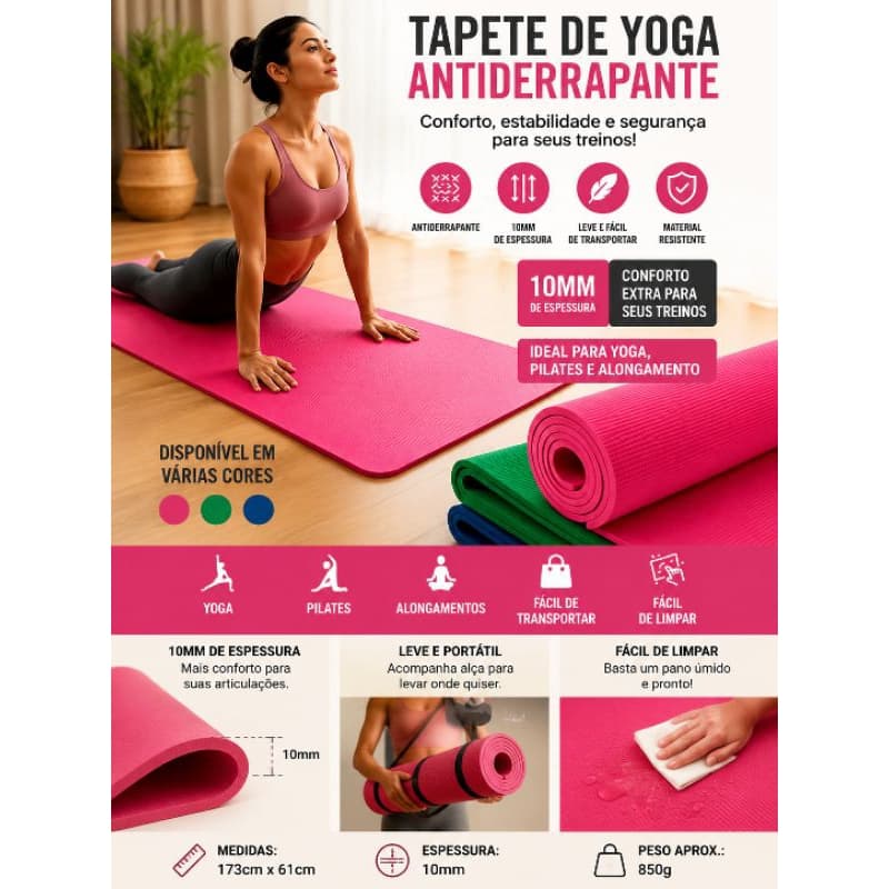 Tapete de Yoga 10mm Antiderrapante para Yoga, Pilates, Academia e Alongamento