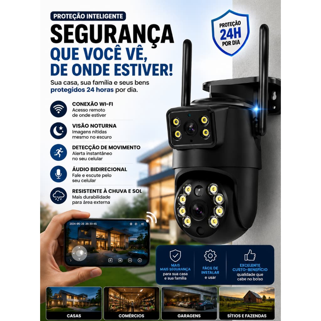 Câmera de Segurança WiFi Full HD 1080P Visão Noturna ICSEE IP Sem Fio Monitoramento Remoto PTZ