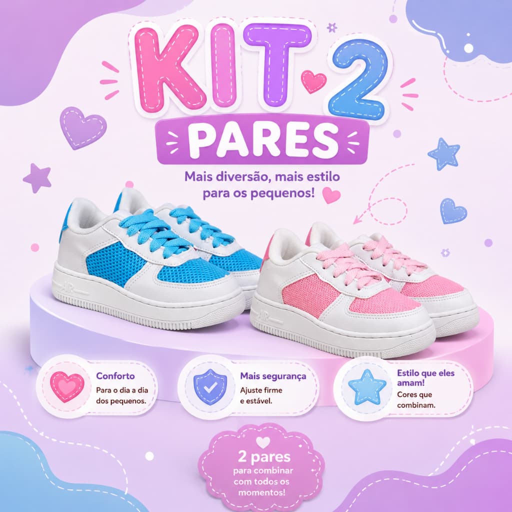 Kit 2 Pares Tênis Infantil Menino e Menina Escolar Cano Baixo
