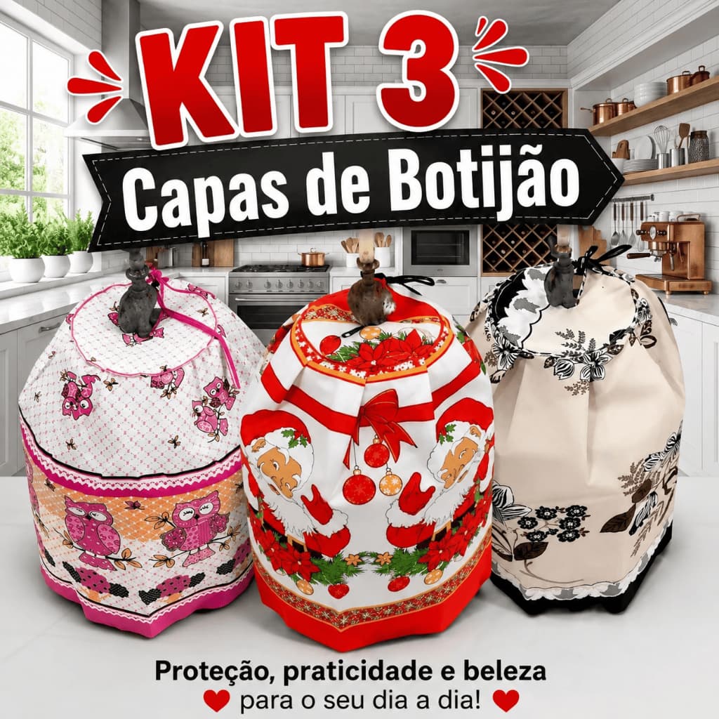 Kit 3 Capas Botijão Gás 13kg Tecido Oxford Resistente Premium Estampas Sortidas Decoração Cozinha