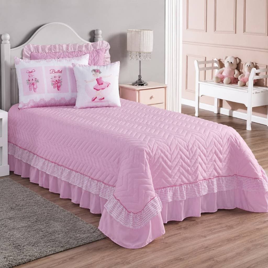 Cobre Leito Solteiro Ballet 5 Peças Colcha Matelada Jogo de Cama Rosa