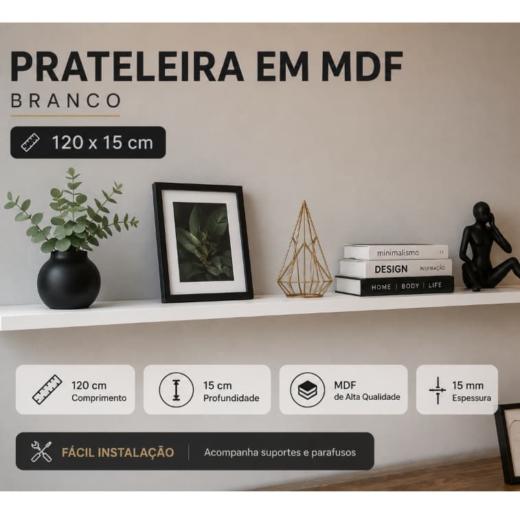 Prateleira Branca 120X15 Com Suporte Flutuante Mdf Organizadora Decoração Cozinha Quarto Banheiro