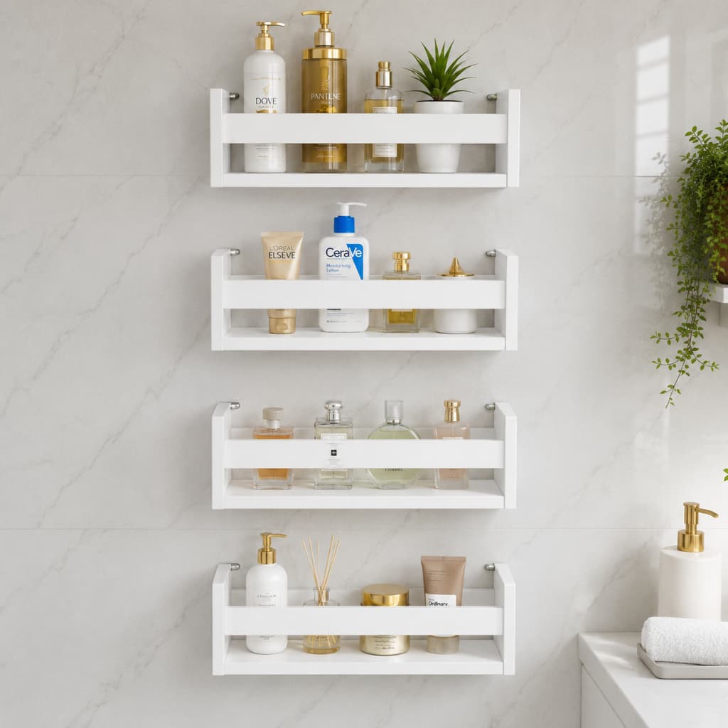 Prateleira Banheiro MDF Branco Porta Shampoo Organizador Parede Suspensa Decorativa Multiuso