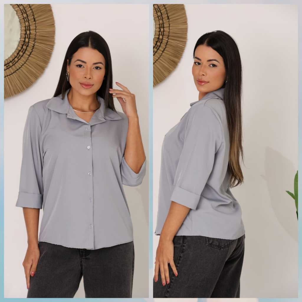 Camisa Feminina Manga 3/4 Lisa com Botões Frontais