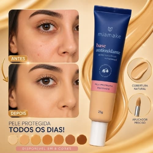 Mia Make Base Antioxidante Cobertura Média Efeito Natural Com ácido Hialurônico e Rosa Mosqueta 25g cada