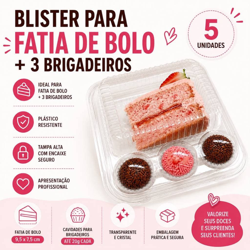 Blister Para Fatia de Bolo com 3 Brigadeiros Kit 5 Unidades Embalagem Confeitaria Premium Doces