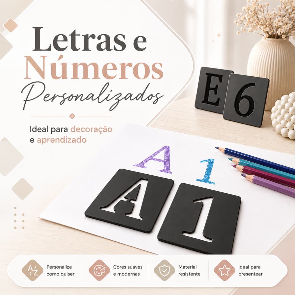 Molde de Letras Alfabeto A–Z e Números 1–9 Estêncil para Escrita, Pintura, Letreiro, Grafite, Carimbo e Alfabetização