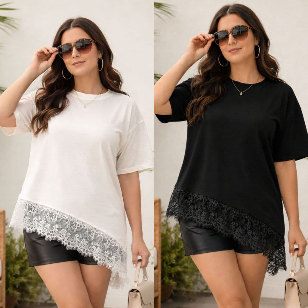 Kit Blusa feminina oversized com renda assimétrica, camiseta estilosa elegante manga São Paulo